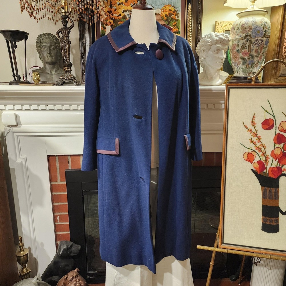 Vintage 60s Cashmere Vicuna Neusteters‎ Coat Womens M Blue Brown Trim Mod Jacket